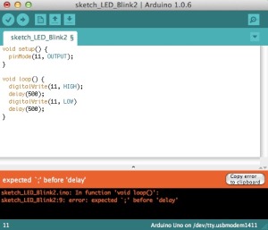Arduino IDE での文法ミスのエラー画面