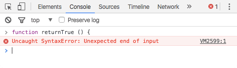 スクリーンショット：Chrome DevToolsのコンソールで、複数行入力をしようとして失敗した例。「{」でEnterを間違えて押してしまいエラーがでた。